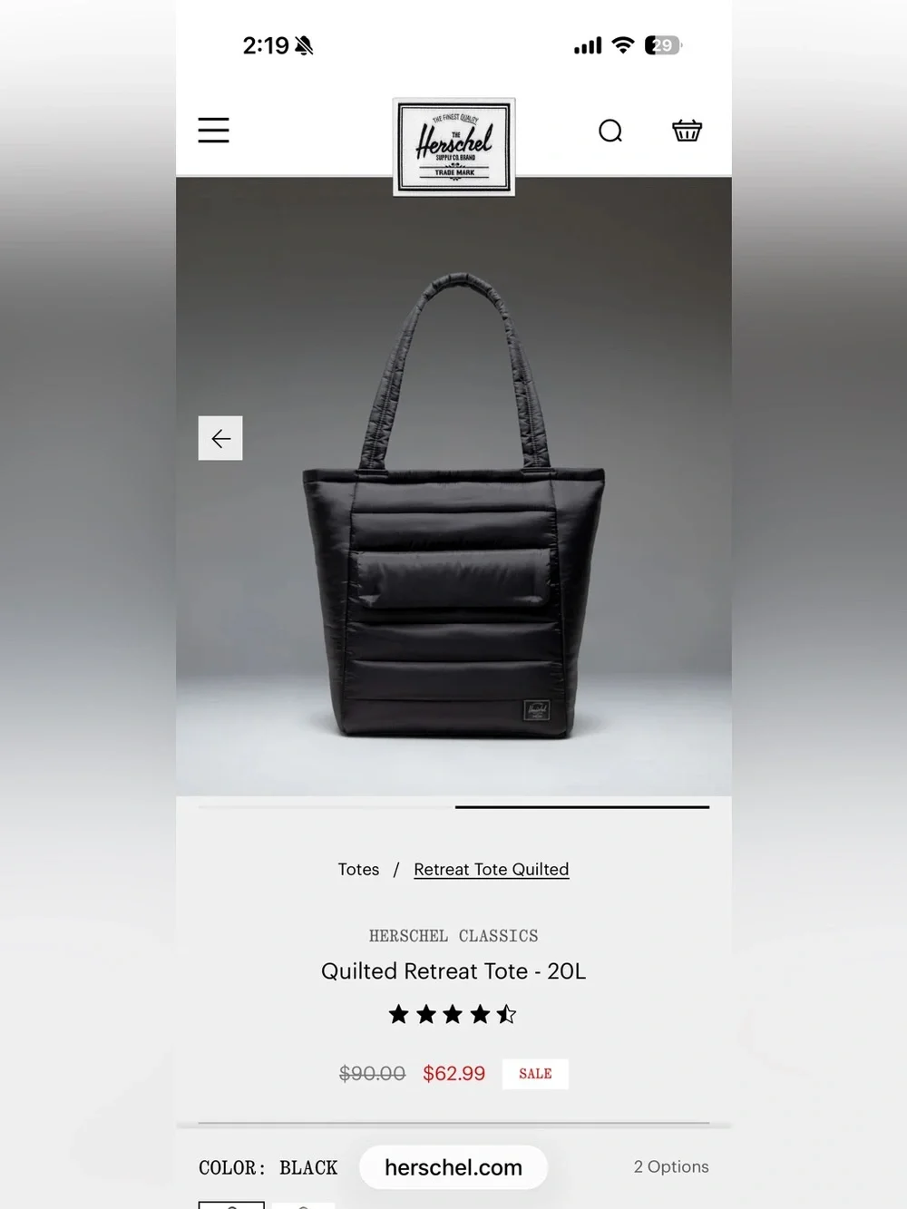 Herschel Supply Company Quilted Retreat Tote - Black